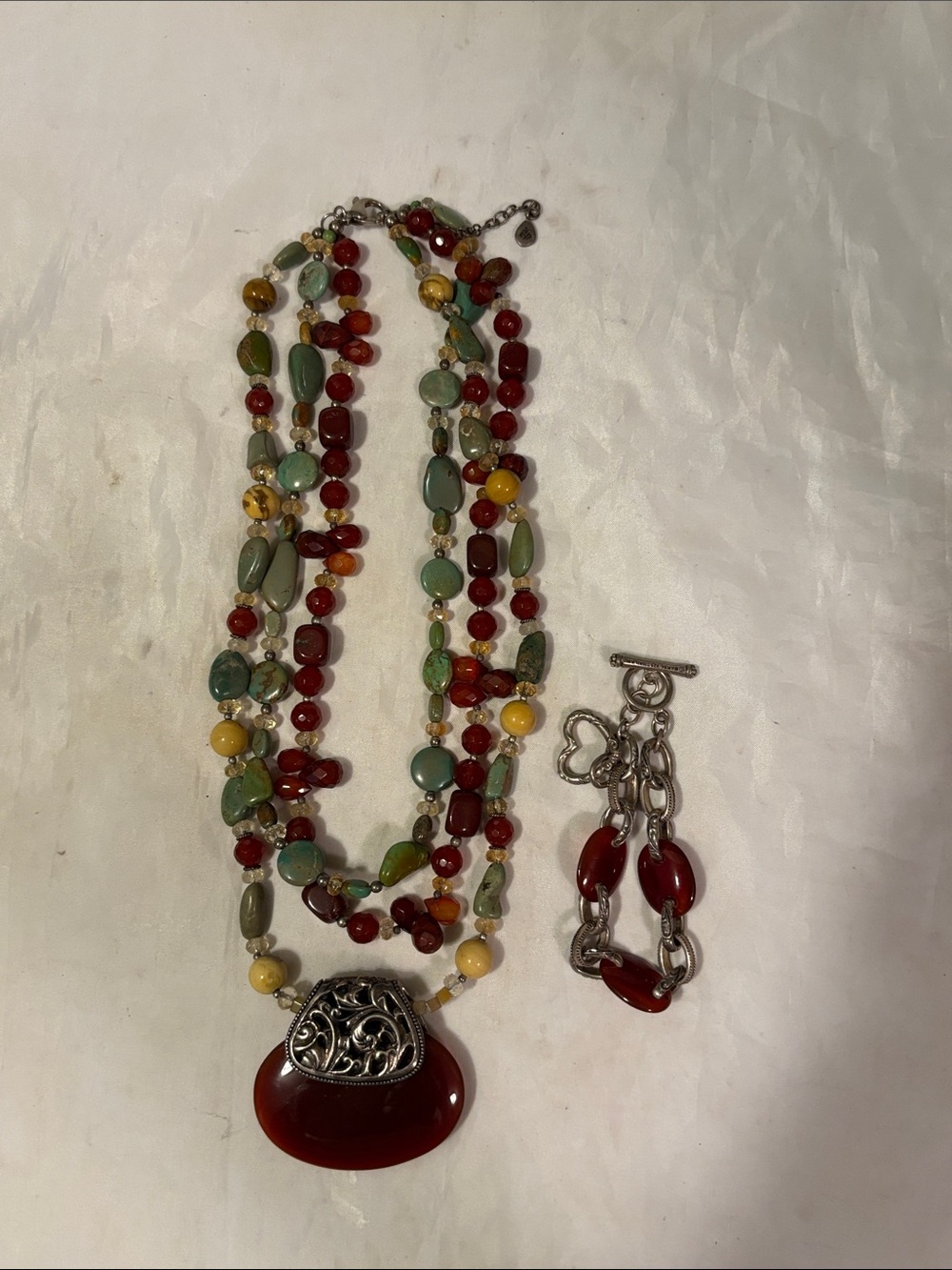 Multicolor Barse Layered Necklace with Carnelian Sterling Pendant & Bracelet
